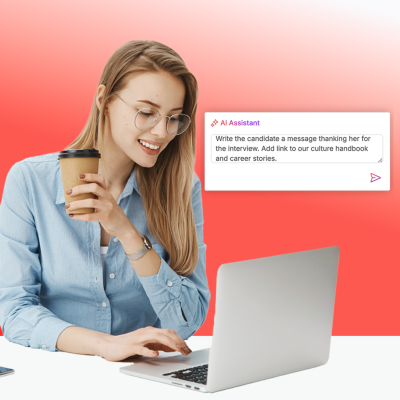 alentAdore Hire AI Assistant demonstrating automated candidate communication features, with a smiling professional visible.